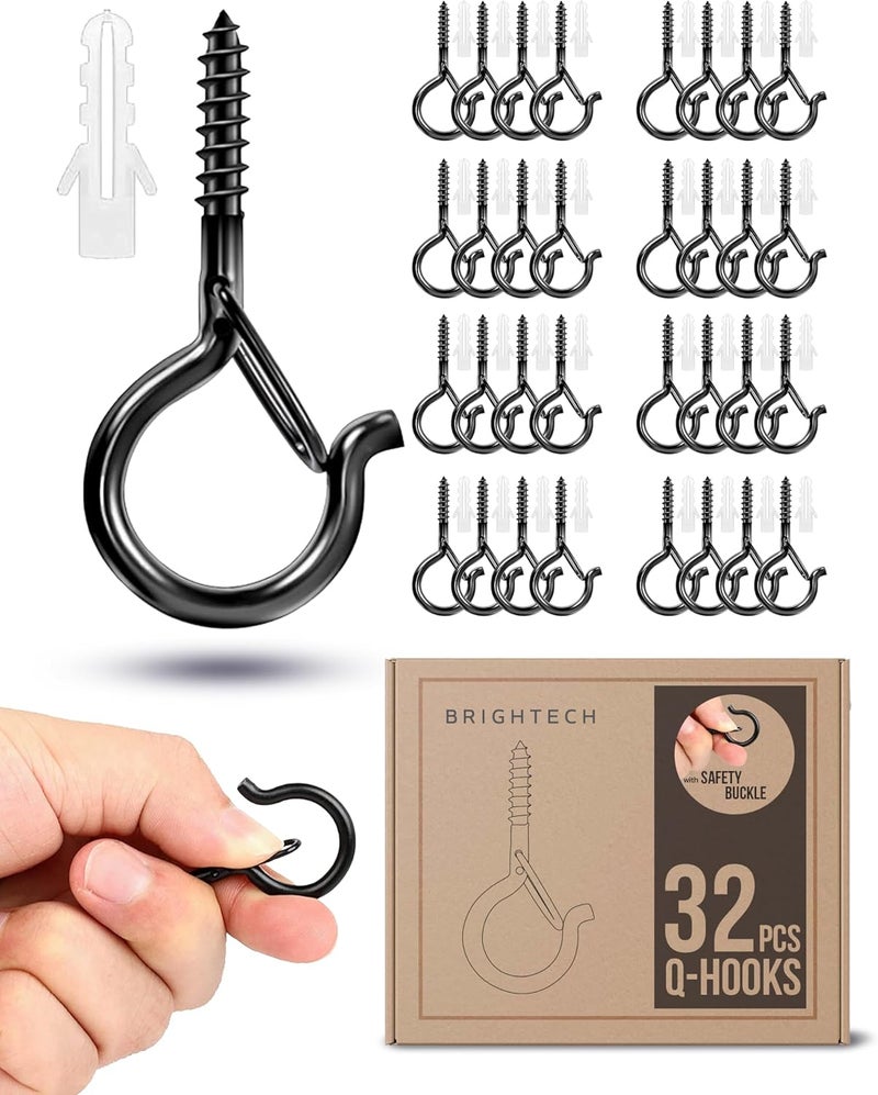 brightech String Light Screw Hooks - Ceiling Hooks for Hanging Solar, Plug-in Lights, Outdoor String Lights - Q Hooks with Safety Buckle Design for Porch, Patio - 32 Pack, Black, AMB-HKS-32 - Image 1